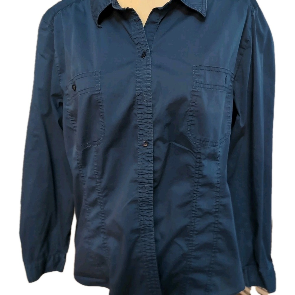 Chico's Women Size 3 Solid‎ Navy Collared Button Up Long Sleeve Business Casual